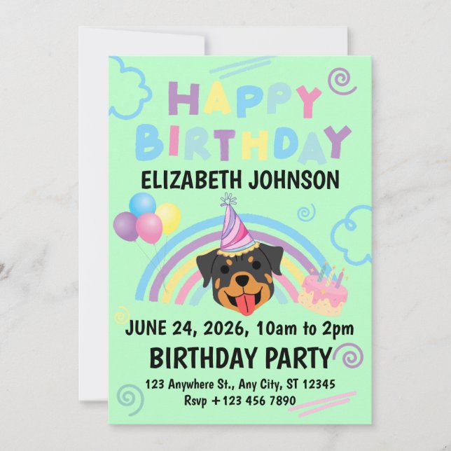 Rottweiler Birthday Invitation in Green (Front)
