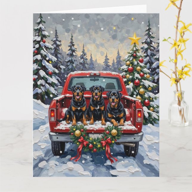 Rottweiler Christmas Red Truck Holiday Card (Yellow Flower)