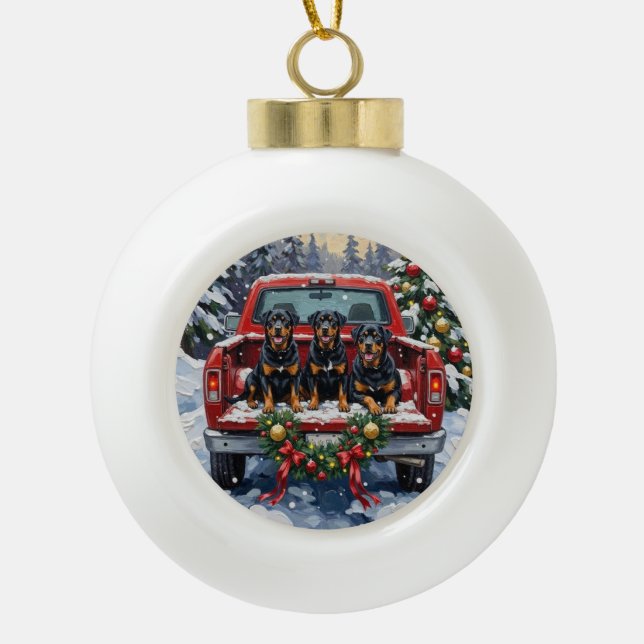 Rottweiler Christmas Red Truck Holiday Ceramic Ball Christmas Ornament (Front)