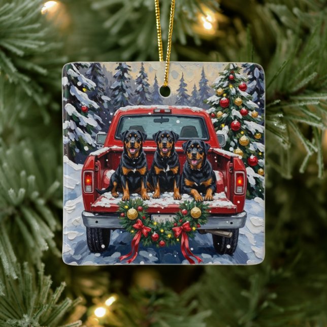 Rottweiler Christmas Red Truck Holiday Ceramic Ornament (Tree)