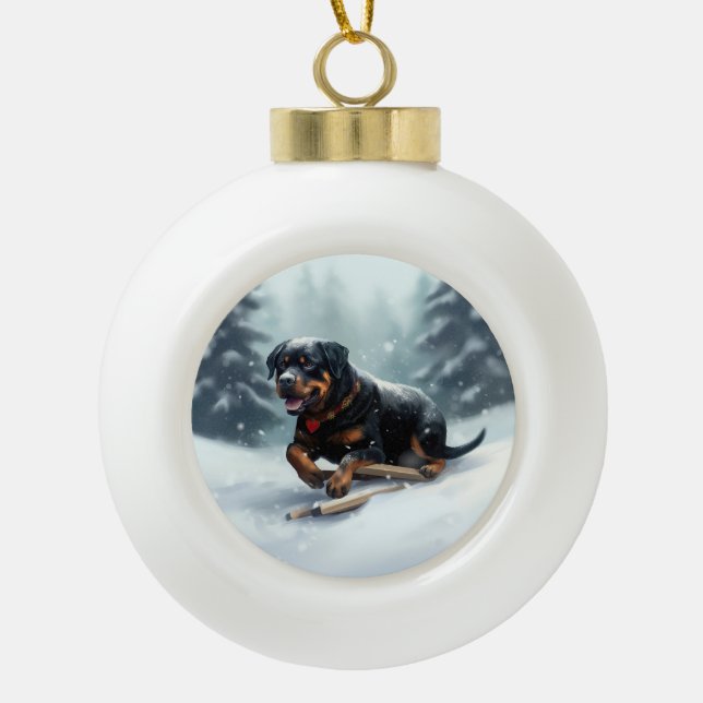 Rottweiler Christmas snow winter Throw Pillow Ceramic Ball Christmas Ornament (Front)