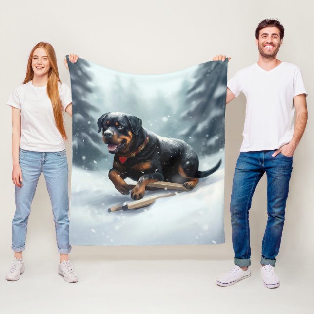 Rottweiler Christmas snow winter Throw Pillow Fleece Blanket (In Situ)