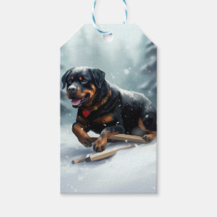 Rottweiler Christmas snow winter Throw Pillow Gift Tags