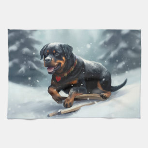 Rottweiler Christmas snow winter Throw Pillow Tea Towel