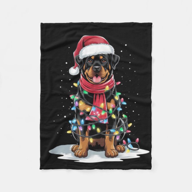 Rottweiler Christmas Tree Santa Hat Lights Xmas Do Fleece Blanket (Front)