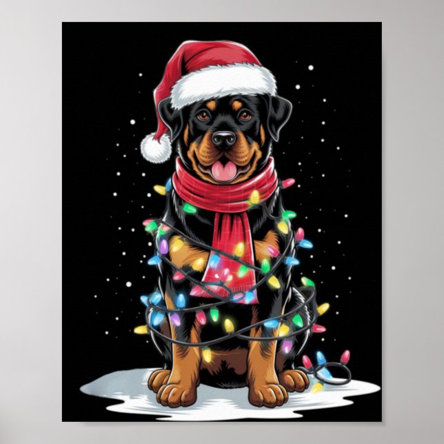 Rottweiler Christmas Tree Santa Hat Lights Xmas Do Poster (Front)