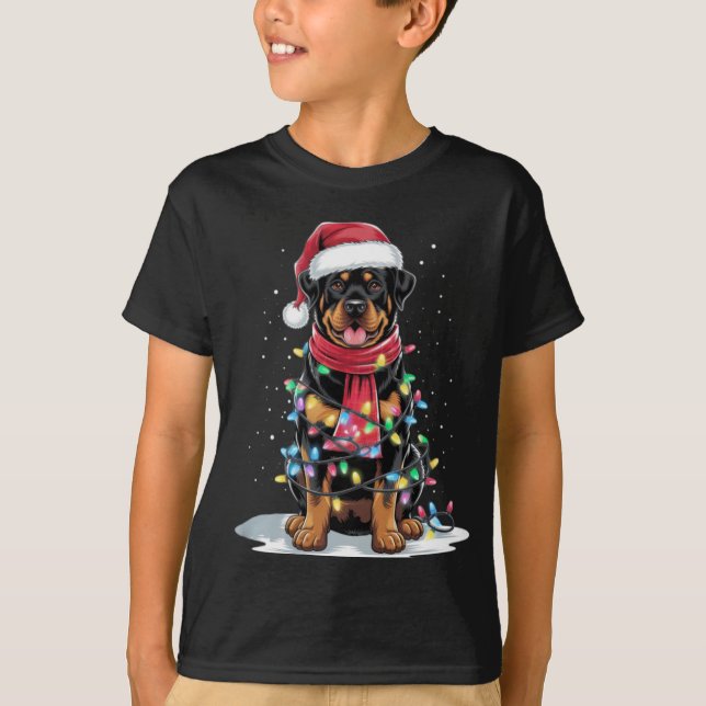 Rottweiler Christmas Tree Santa Hat Lights Xmas Do T-Shirt (Front)