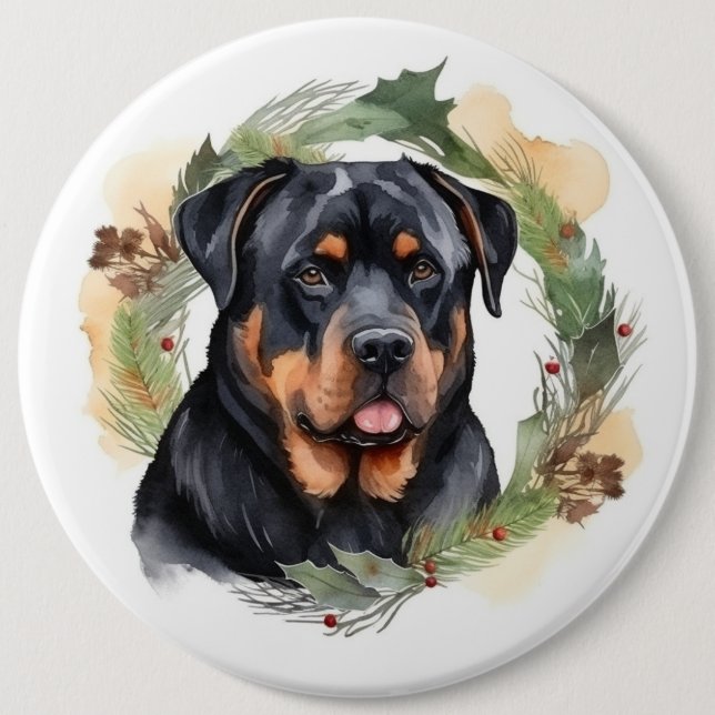 Rottweiler Christmas Wreath Festive Pup 6 Cm Round Badge (Front)