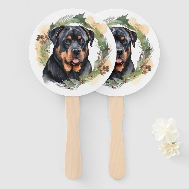 Rottweiler Christmas Wreath Festive Pup Hand Fan (Front and Back)