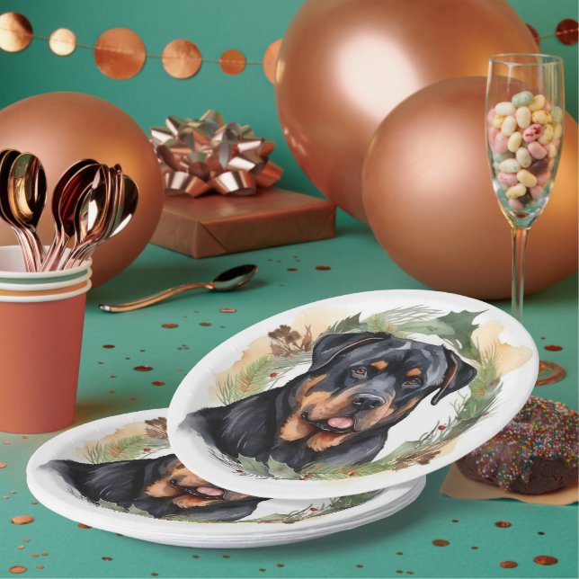 Rottweiler Christmas Wreath Festive Pup Paper Plate (Multi)