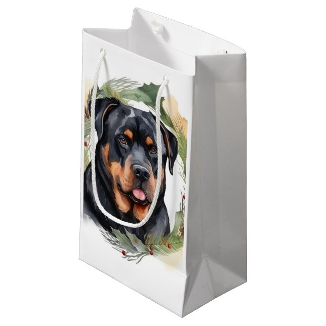 Rottweiler Christmas Wreath Festive Pup Small Gift Bag (Front Angled)