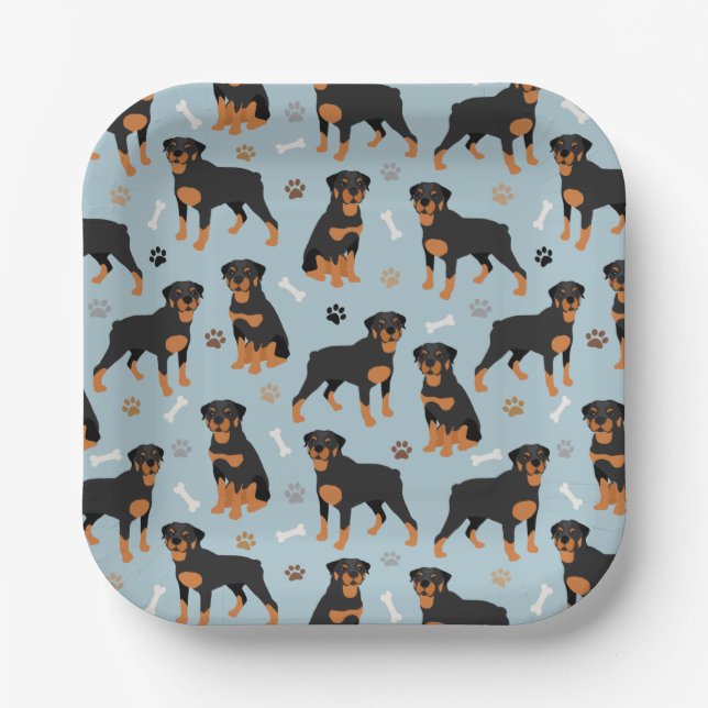 Rottweiler Dog Bones and Paws Paper Plate (Front)