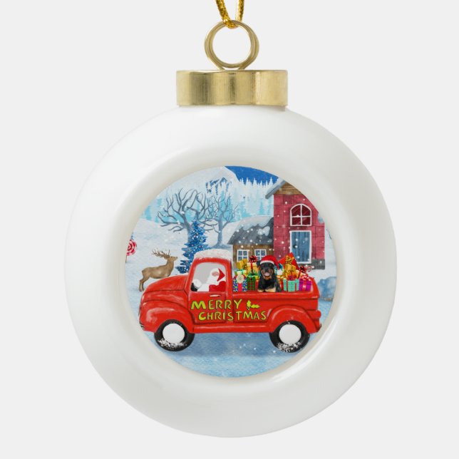 Rottweiler Dog Christmas Delivery Truck Snow Ceramic Ball Christmas Ornament (Front)