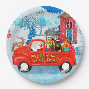 Rottweiler Dog Christmas Delivery Truck Snow Paper Plate
