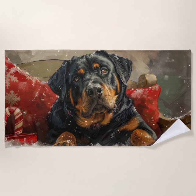 Rottweiler Dog Christmas Festive  Beach Towel (Front)