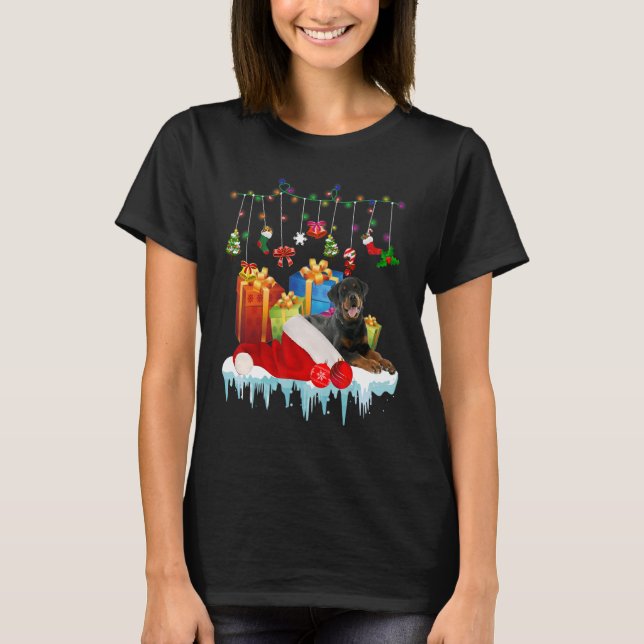 Rottweiler Dog Christmas Lights Santa Hat  Boxes T-Shirt (Front)