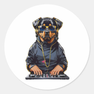 rottweiler Dog Dj with turntables and headphones Classic Round Sticker
