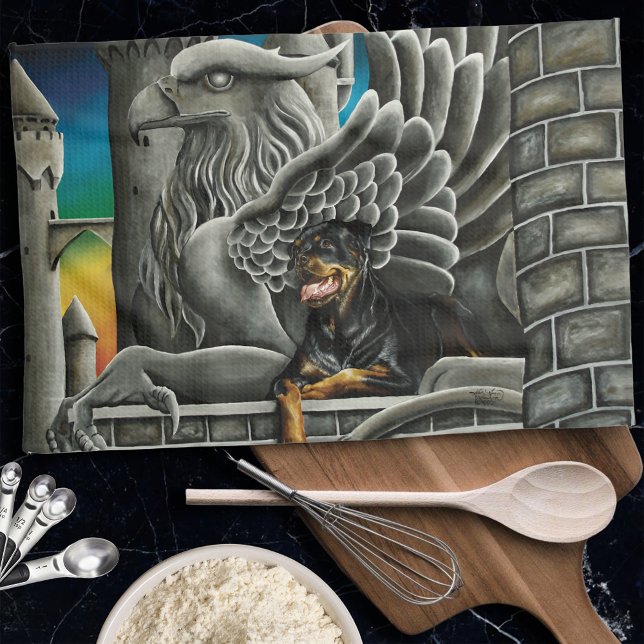 Rottweiler Dog Gargoyle Fantasy Tea Towel (Creator Uploaded)