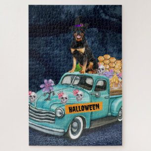 Rottweiler Dog Halloween Truck Scary Night Jigsaw Puzzle