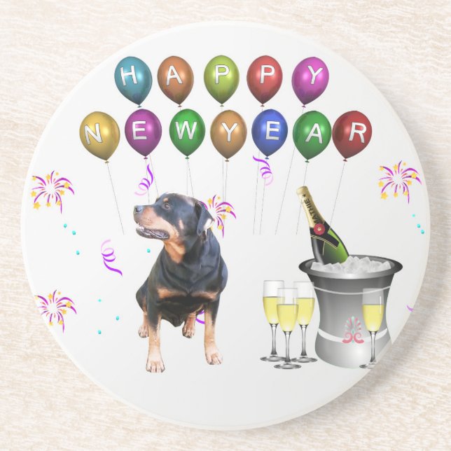 Rottweiler Dog Happy New Year Coaster (Front)