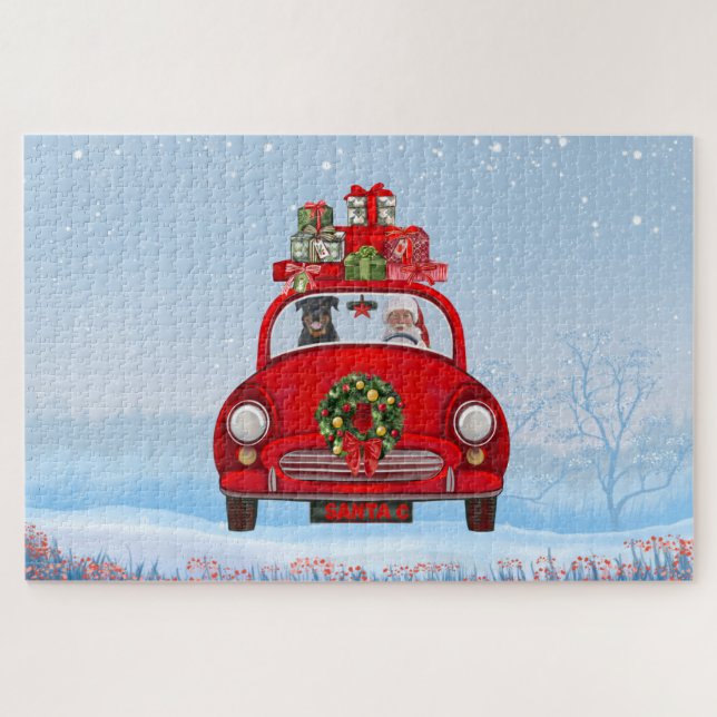 Rottweiler Dog In Car With Santa Claus Jigsaw Puzzle (Horizontal)