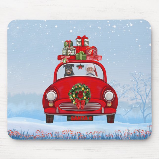 Rottweiler Dog In Car With Santa Claus  Mouse Pad (Front)