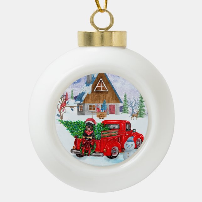 Rottweiler Dog In Christmas Delivery Truck Snow Ceramic Ball Christmas Ornament (Front)