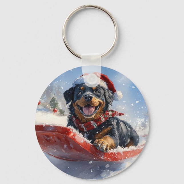 Rottweiler Dog in Sledge Let it Snow Christmas Key Ring (Front)