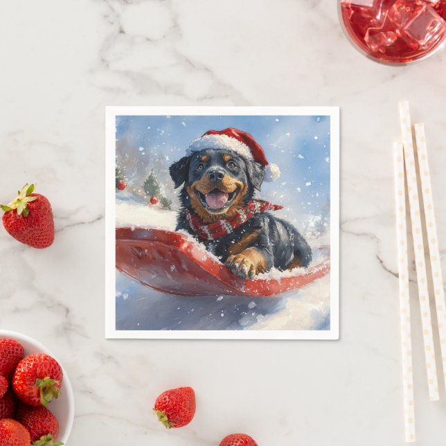 Rottweiler Dog in Sledge Let it Snow Christmas Napkin (Insitu)