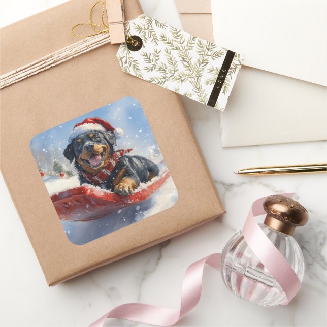 Rottweiler Dog in Sledge Let it Snow Christmas Square Sticker (Gifting)