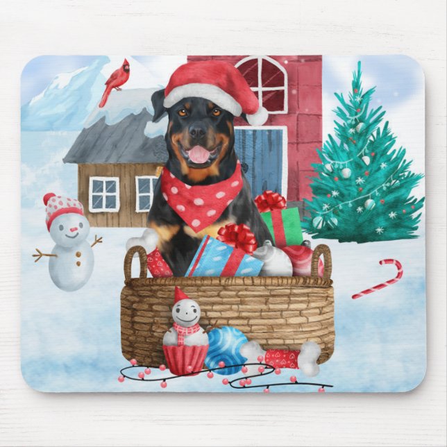 Rottweiler Dog In snow Christmas Dog House  Mouse Pad (Front)