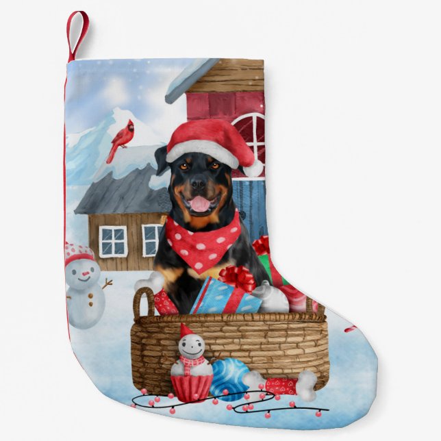 Rottweiler Dog In snow Christmas Dog House  Small Christmas Stocking (Front)