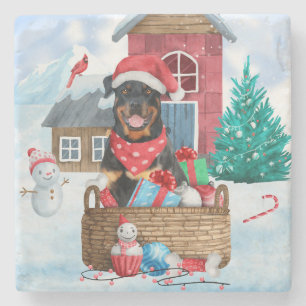 Rottweiler Dog In snow Christmas Dog House Stone Coaster