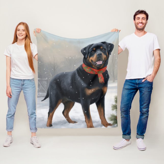 Rottweiler Dog in Snow Christmas Fleece Blanket (In Situ)