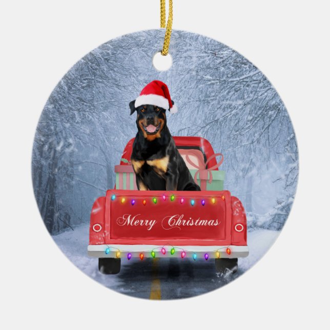 Rottweiler Dog in Snow sitting in Christmas Truck Ceramic Tree Decoration (Front)