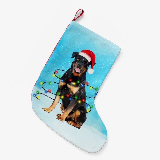 Rottweiler Dog in Snow With Santa Hat Lights Small Christmas Stocking (Front (Hanging))