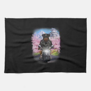 rottweiler dog on motorcycle tour japanese sakura tea towel