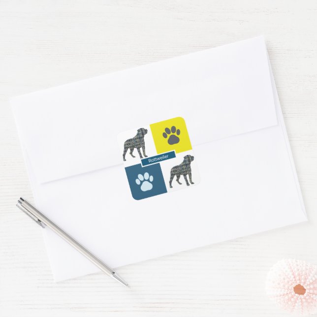 Rottweiler Dog & Paw Y&B Grid Square Sticker (Envelope)