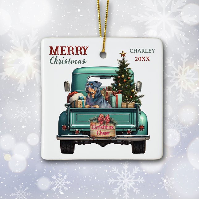 Rottweiler Dog Retro Truck Christmas Ceramic Ornament (Creator Uploaded)