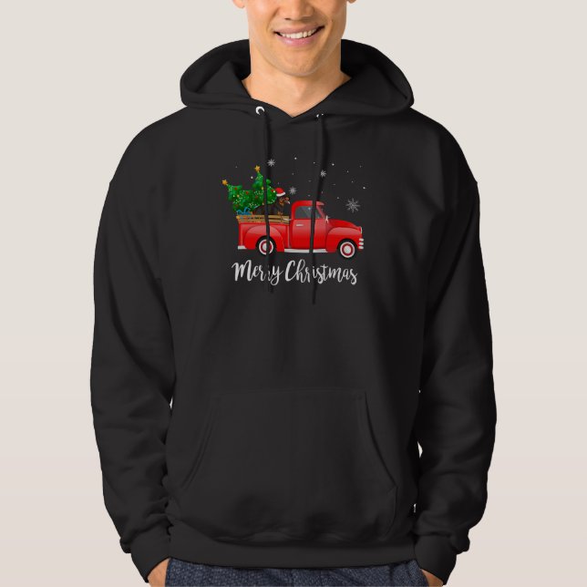 Rottweiler Dog Riding Red Truck Christmas Hoodie (Front)