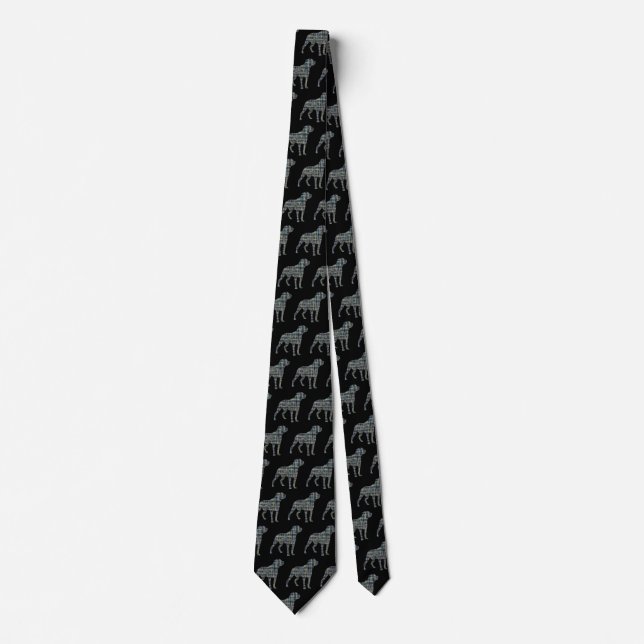 Rottweiler Dog Silhouette Yellow & Blue Grid Black Tie (Front)