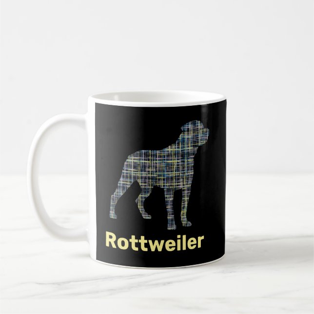 Rottweiler Dog Silhouette Yellow & Blue Grid Coffee Mug (Left)