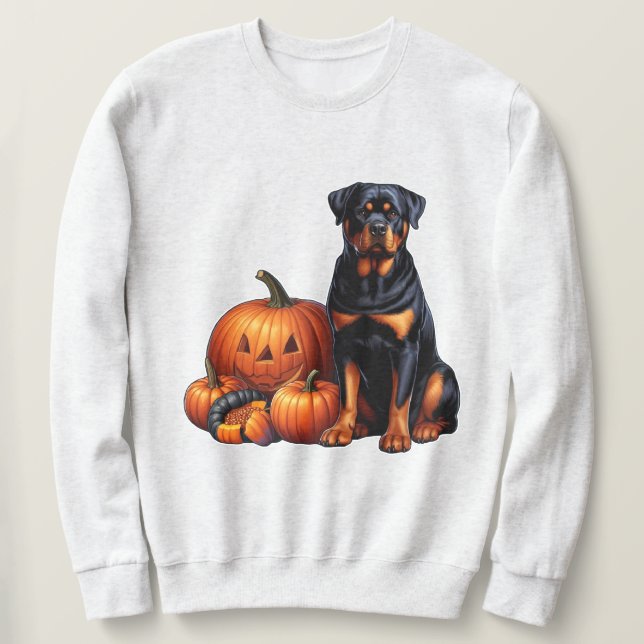 Rottweiler Dog Sitting by Halloween Pumpkins Sweatshirt (Design Front)