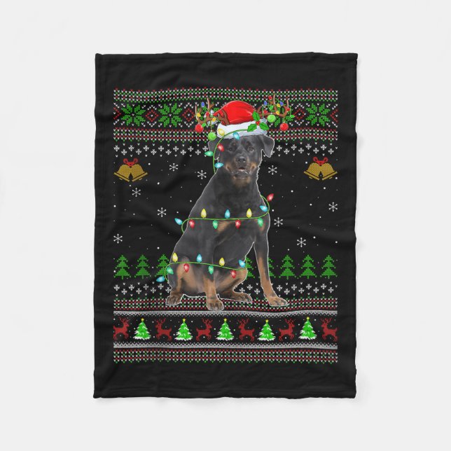 Rottweiler Dog Ugly Christmas Sweaters Holiday San Fleece Blanket (Front)