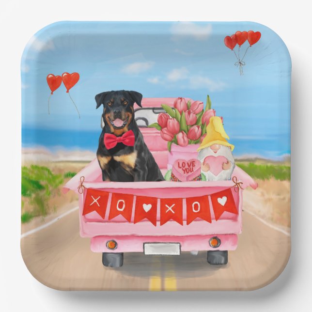 Rottweiler Dog Valentine's Day Truck Hearts Paper Plate (Front)