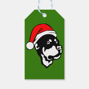 Rottweiler Dog wearing Red Christmas Santa Hat Gift Tags