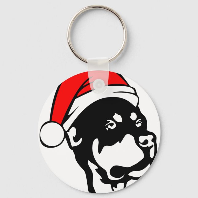 Rottweiler Dog wearing Red Christmas Santa Hat Key Ring (Front)