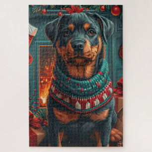 Rottweiler Dog With Christmas Gifts Fireplace Jigsaw Puzzle