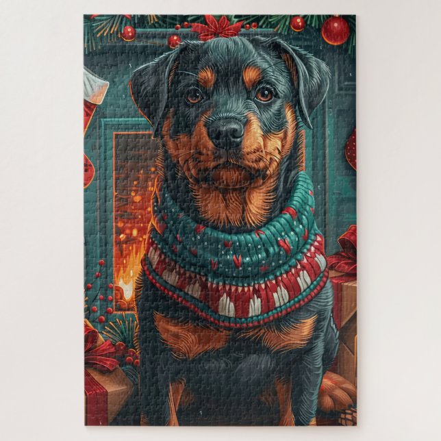 Rottweiler Dog With Christmas Gifts Fireplace Jigsaw Puzzle (Vertical)