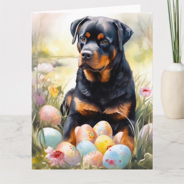 Rottweiler Dog with Easter Eggs Holiday  Card (Front)